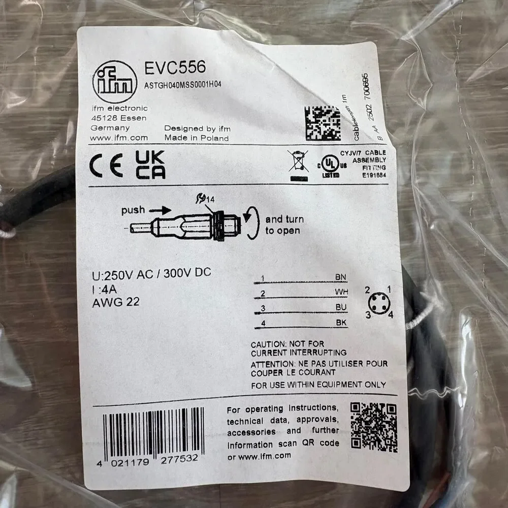 1PC IFM Efector EVC556 M12 4-wire micro DC straight male cordset; PUR; 1m